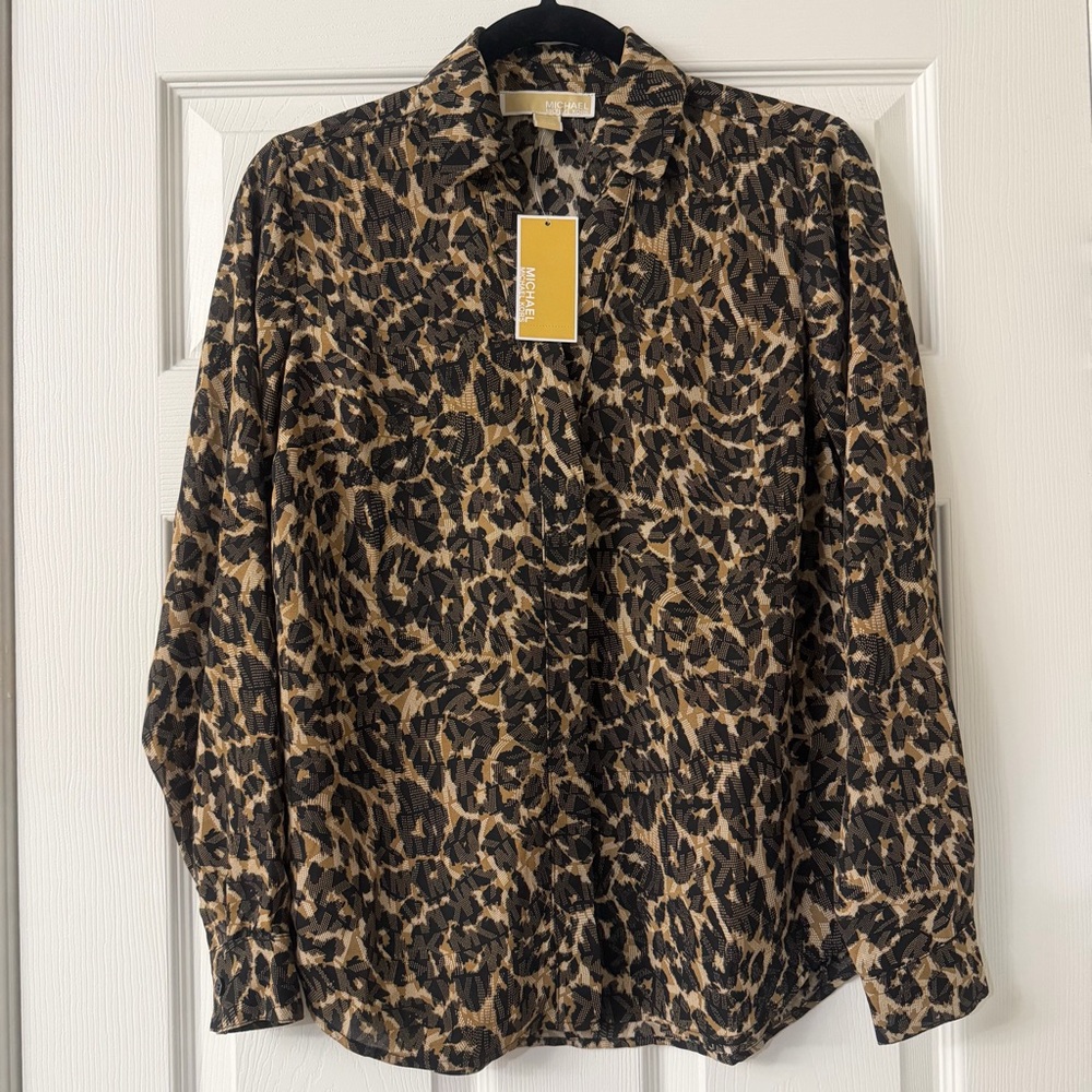 MICHAEL Michael Kors Logo Black Tan Patterned Button Shirt Blouse Size XS